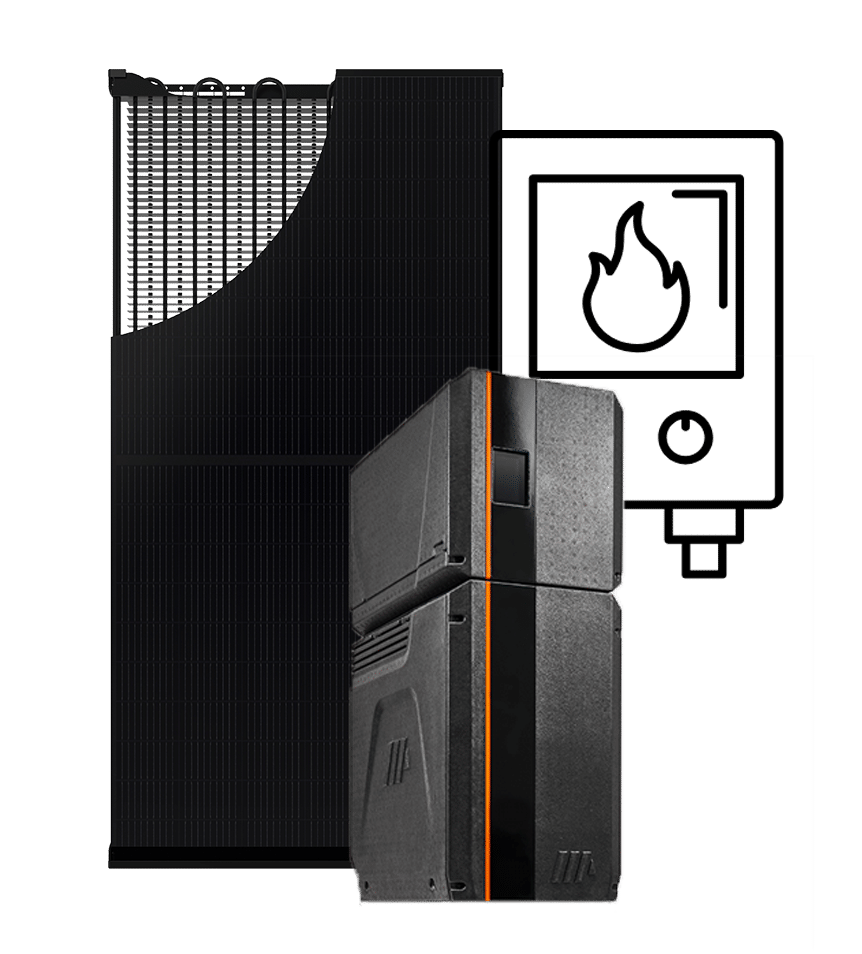Het hybride pvt systeem bestaat uit PVT-panelen, PVT-warmtepomp en bestaande cv-ketel.